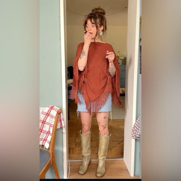 Y2K Festival Bohemian Western Cottage Stripe 70s Poncho Shawl Retro Cape - Picture 11 of 13